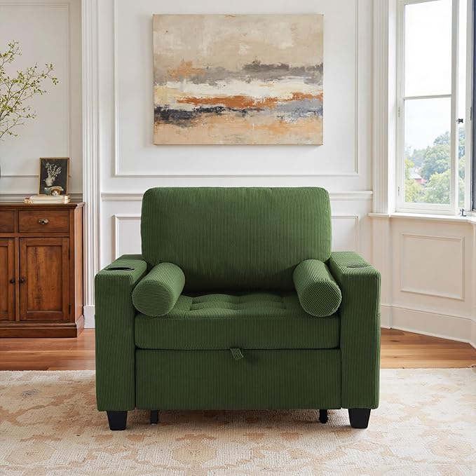 39 Convertible Sleeper Chair Comfy Corduroy Single Sofa Chair with Pull-Out Bed Sleeper Sofa Bed with 3-Levels Adjustable Backrest Side Pocket Cup Holder USB Ports for Living Room Green