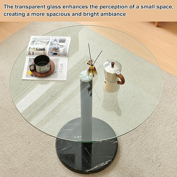 Modern Circle Dining Table Set for 4 35.43-Inch Kitchen Coffee Table Set with 4 Seated Dining Chairs Upholstered Velvet Reception Room Chairs Tulip Glass Table Set Metal and Marble Base