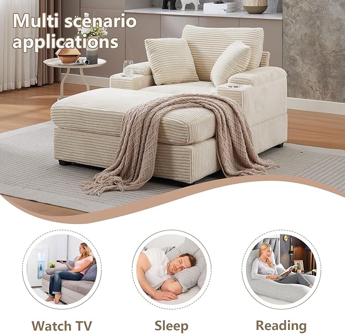42.12” Oversized Accent Chair with Ottoman &amp Armrest Storage Modern Corduroy Reading Chair with Cup Holder &amp Pillow Comfy Upholstered Deep Seat Armchair for Living Room Bedroom(Beige)