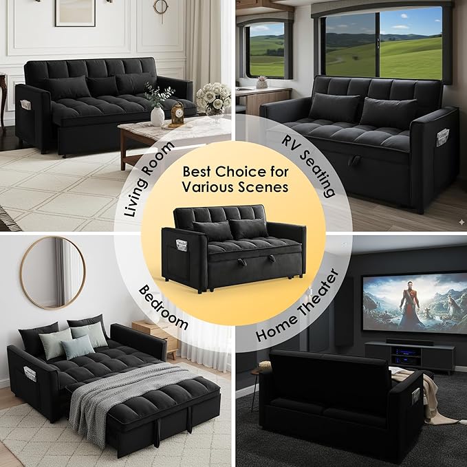 Dreamzie 3 in 1 Convertible Sleeper Sofa Bed Pull Out Couch Bed with Side Pocket Sleeper Sofa with Adjustable Backrest | Side Pocket (Black)