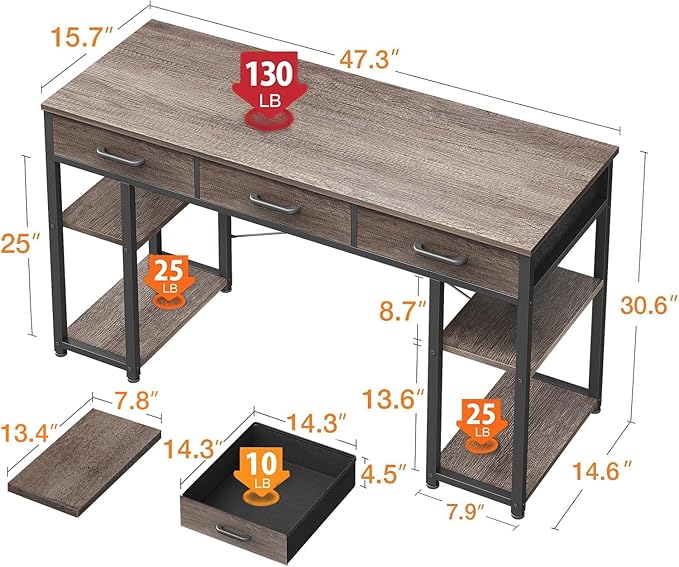 ODK Office Small Computer Desk: Home Table with Fabric Drawers &amp Storage Shelves Modern Writing Desk Grey Oak 48x16