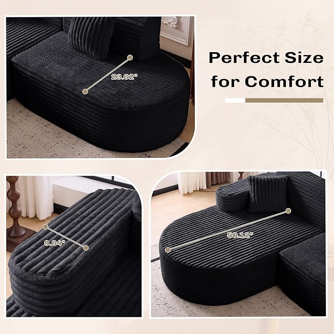 Modern Curved Boneless Sofa Couch L-Shaped Corner Sofa Corduroy Upholstered Cloud Sectional Couch for Living Room Bedroom and ApartmentNo Assembly Needed(Black Left Hand Facing)