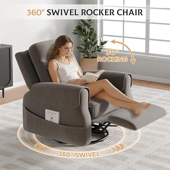 Maupvit Faux Shearling Recliner Chair - 360° Swivel Rocker with Adjustable Footrest and Backrest Plush Upholstered Single Sofa for Small Spaces for Living Room/Nursery/Home Theater (Grey)