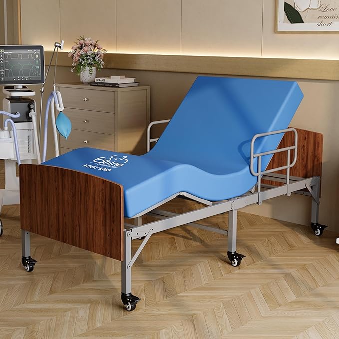 ESHINE Adjustable Bed Frame with Hospital Waterproof Mattress - Wireless Remote Underbed Light Headboard 2.5 Wheels Head &amp Foot Incline Mobility Support Easy Installation 750 lbs Capacity