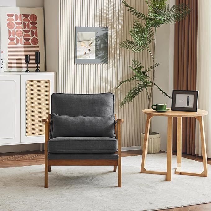 Karl home Accent Chair Wide Armrest Mid-Century Lounge Chair Linen Fabric Armchair with Lumbar Pillow &amp Solid Wood Frame for Living Room Bedroom Balcony Gray