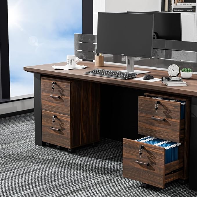 VINGLI 2 Drawer File Cabinet with Lock Wood Dark Brown File Cabinets for Letter Size File Folders with Tabs Under Desk Rolling Filing Cabinet for Home Office Mobile File Organizer Printer Stand