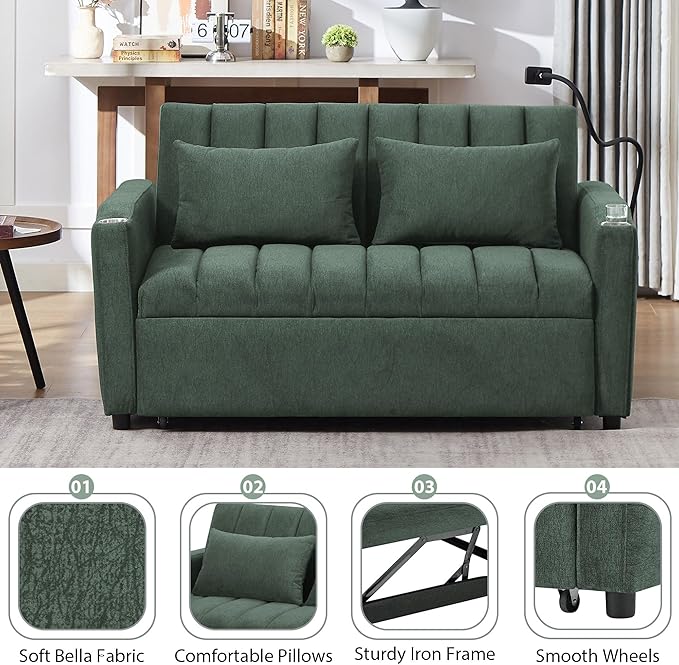 Bellemave 55.9 Convertible Sofa Bed Loveseat 3-Position Recliner to Sleeper with USB Ports Cup Holders 360°Swivel Phone Holder &amp Side Pockets for Small Space Green