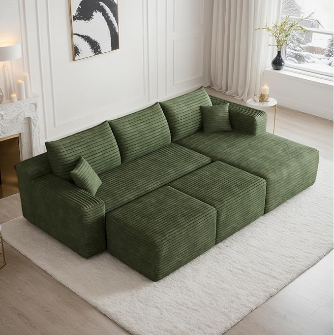 94 U-Shaped Cloud Sectional Couch Comfy Corduroy Boneless Couches with Deep Seat Fluffy Modular Sectional Sofa for Living Room No Assembly (Green 94 2S+Right Facing Chaise+2 Ottoman)