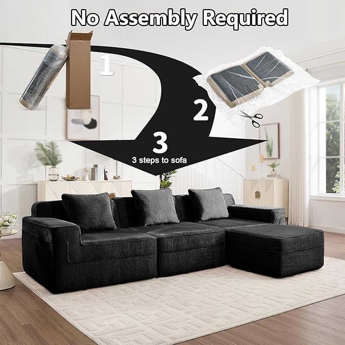 117.3 Compressed Sofa with Deep SeatsL Shaped Boneless Sectional Couch with High Density Memory Foam SofaBlack 3 Seater Sofa for Living Room ApartmentsNo Assembly