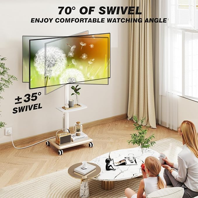 5Rcom Rolling TV Stand with Power Outlet for 32-60 inch TVs Swivel and Height Adjustable Mobile TV Stand with Shelf Strong TV Cart on Wheels up to 88 lbs for Living Room Bedroom and Office White
