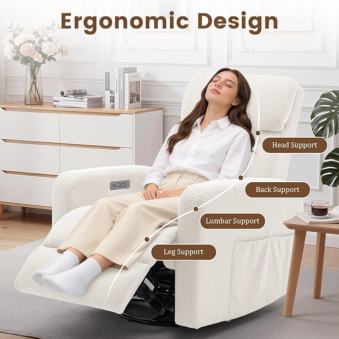 Power Swivel Recliner Chairs for Adults Electric Glider Rocking Chair Nursery Glider Recliner Nursery Chair with Classified Side Pocket Nursery Rocking Chairs with USB and Type-C Ports