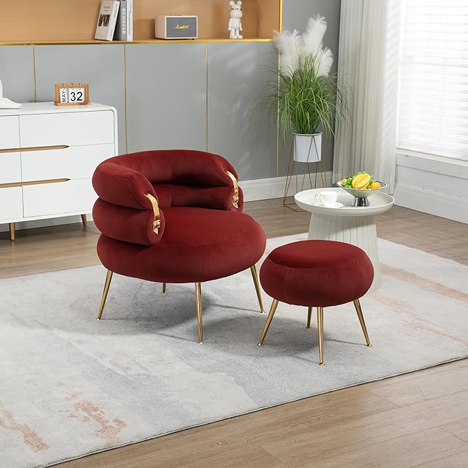 Velvet Oversized Armchair Accent Chair with Ottoman Mid-Century Modern Living Room Chairs Single Sofa Chair with Metal Legs Upholstered Tufted Reading Chairs for Bedroom Office (Wine Red)