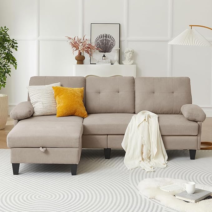 84 Convertible Sectional Sofa Deep 3-Seat L Shaped Sectional Couch with Ottoman Deep Seat Cushions Modern Linen Couches for Living Room Apartment and Small Spaces (Beige)