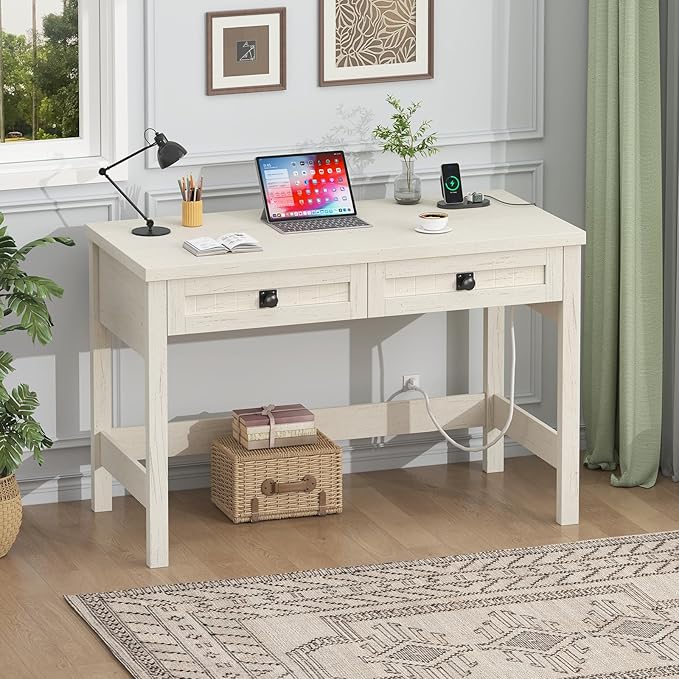 Farmhouse Computer Desk with 2 Drawers 39 Inch Small Office Computer Desk with Power Outlets Compact Writing Study Vanity Desk for Small Spaces White