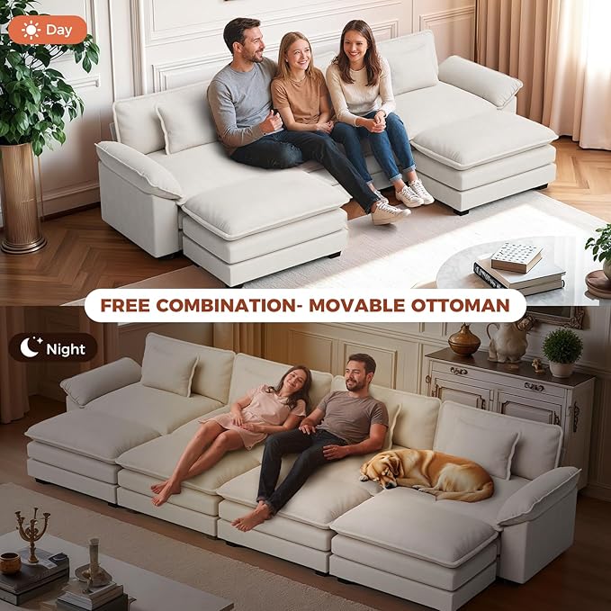 CDCASA 117 Oversized Modular Sectional Sofa with Corner Comfy V-Shaped Cloud Couch w/Ottoman 6-Seater Chenille Deep Seat Modern Sofa Couch for Living Room DIY Combination Beige