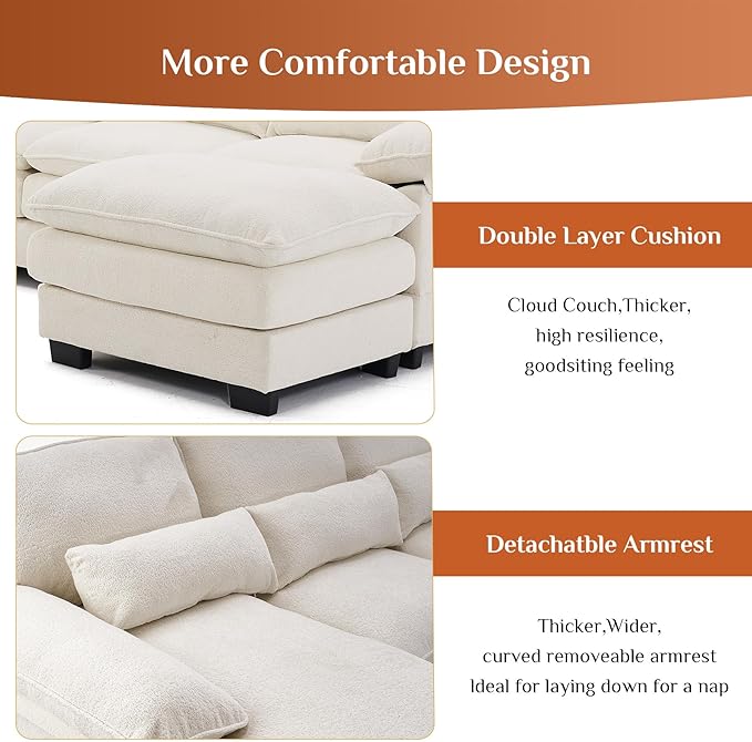 OUYESSIR 113 U Shape Sectional Cloud Couch with OttomanFluffy Sectional Couches for Living Room4 Seater Modular Sectionals SofaComfy Cloud Sofas &amp Couches with 4 PillowsBeige White