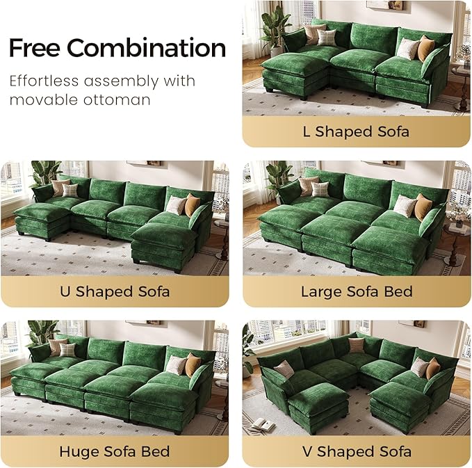 KKL 91.3 Modular Sectional Sofa L-Shaped 4 Seater Cloud Couch with Ottoman Chenille Modern Sectional Couches for Living Room Apartment Green