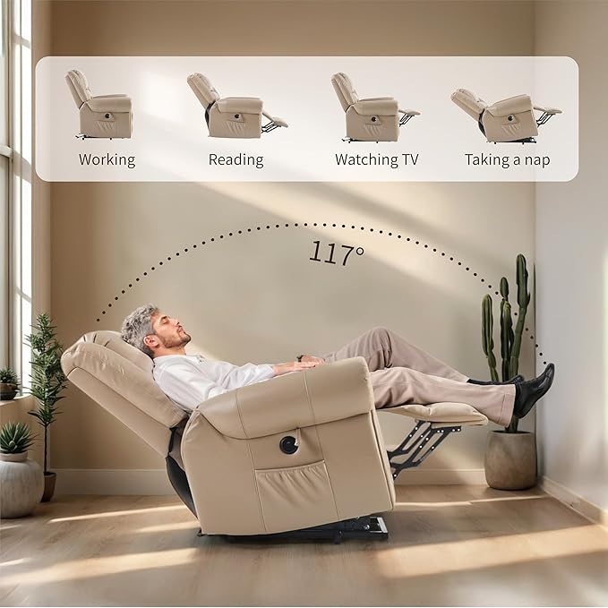Power Lift Recliner Chair with Massage and Heating PU Leather Electric Recliner Sofa with USB Charger 300lbs Capacity Lift Chair 8-Point Massage &amp Lumbar Heating Easy Assembly(Light Brown)