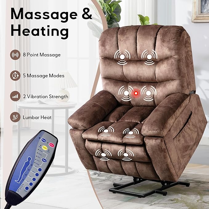 Bonzy Home Power Lift Recliner Chair for Elderly Electric Lift Chair with Massage &amp Heat Upholstered Single Sofa with 2 Hidden Cup Holders USB Charge Port Side Pockets for Living Room Dark Br
