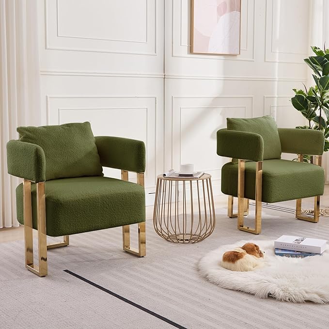 YITAI Modern Accent Chairs no Wheels Living Room Side Chairs Set of 2 with Golden Metal Legs Barrel Soft Teddyt Upholstered Reading Armchairs for OfficeReception RoomBedroomLoungeGreen