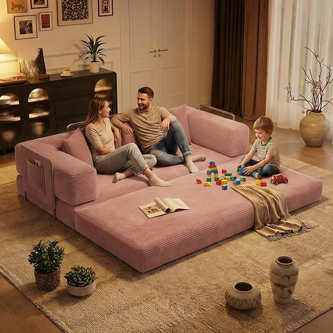 78.8’’ Boneless Sleeper Sofa BedConvertible Futon Couch with Storage Pocket and 2 PillowsModular Corduroy Sofa for livingroomSmall speacePink
