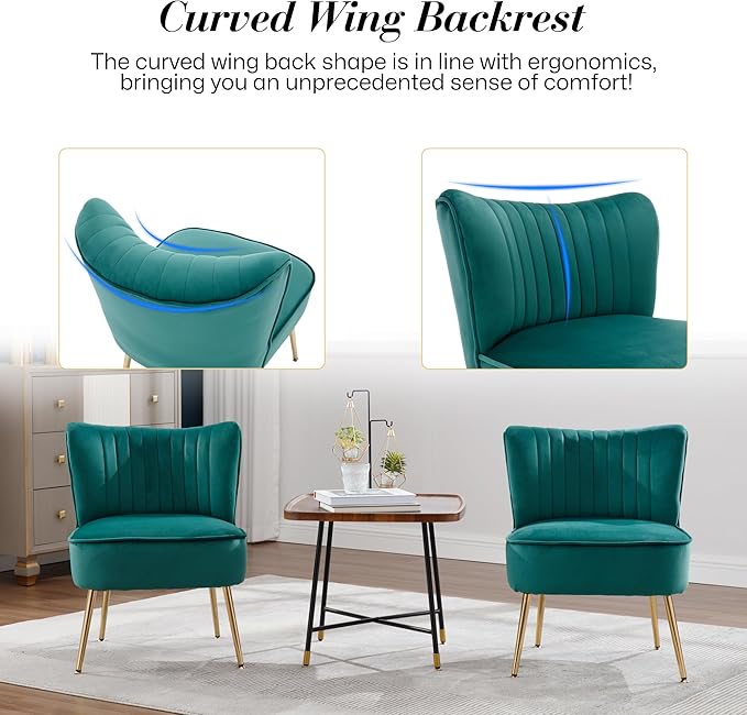 Velvet Accent Chair Set of 4 Comfy Upholstered Side Chair with Gold Metal Legs and Padded Seat Modern Small Corner Armless Living Room Chairs with Wing Back Dark Green