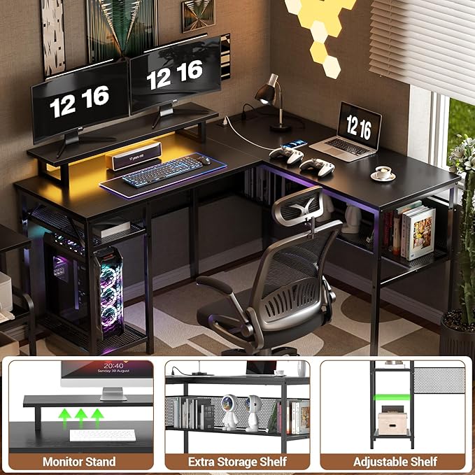Unikito L Shaped Desk Reversible Corner Computer Desk with Magic Power Outlets and Smart LED Light Unique Grid Design 55 Inch Office Desk with Monitor Stand and Storage Shelf Black