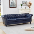 ORRD Chesterfield Sofa Leather Modern Faux PU Tufted Couch 3 Seater with Rolled Arms and Nailhead for Living Room Bedroom Office Apartment (Blue)