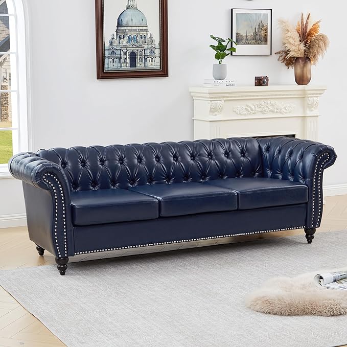 ORRD Chesterfield Sofa Leather Modern Faux PU Tufted Couch 3 Seater with Rolled Arms and Nailhead for Living Room Bedroom Office Apartment (Blue)