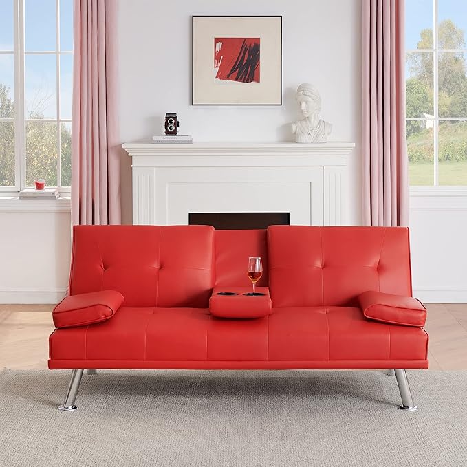 67 Multifunctional Double Folding Sofa Bed with 2 Cup HoldersLeather Couch Loveseat Sleeper with Removable ArmrestsConvertible Folding Couches Bed for Office Small Spaces (Red)