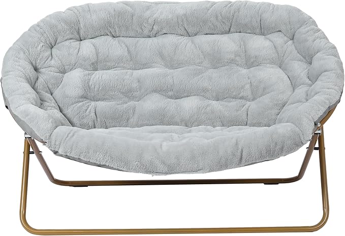 Flash Furniture Eleanor Double Saucer Chair with Folding Steel Frame Portable Oversized Saucer Chair for Dorm or Bedroom 56 Gray Faux Fur/Soft Gold Frame