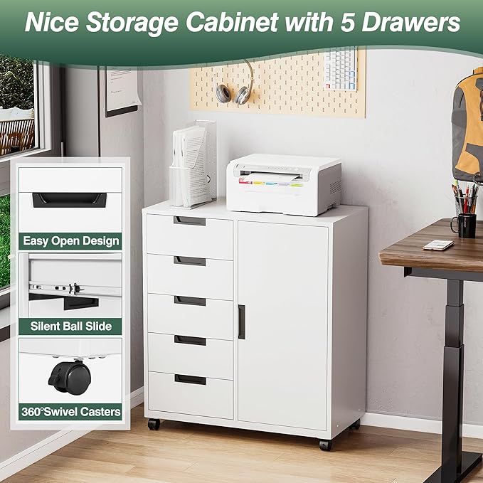 MIIIKO 5 Drawer Storage Cabinet with Door and Shelf Mobile Lateral Cabinet on Wheels Office Small Organizer Printer Stand White File Cabinets