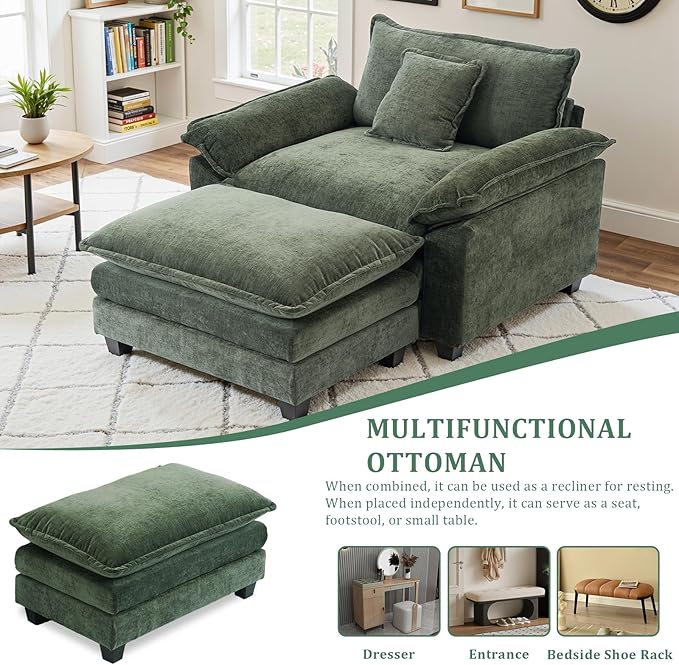 Oversized Accent Chair with OttomanOversize Chair Chenille Sofa with ArmrestsComfy Living Room Sofa with Deep Seat &amp PillowsOversized Reading Accent Chairs Couch Lounge for BedroomGreen