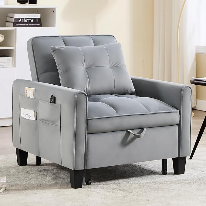 Convertible Sleeper Chair 3 in 1 Sleeper Chair Bed Velvet Pull Out Sofa Bed Chairs Single Sofa Beds with Adjustable Backrest for Adults Reading Living Room Bedroom Dark Grey