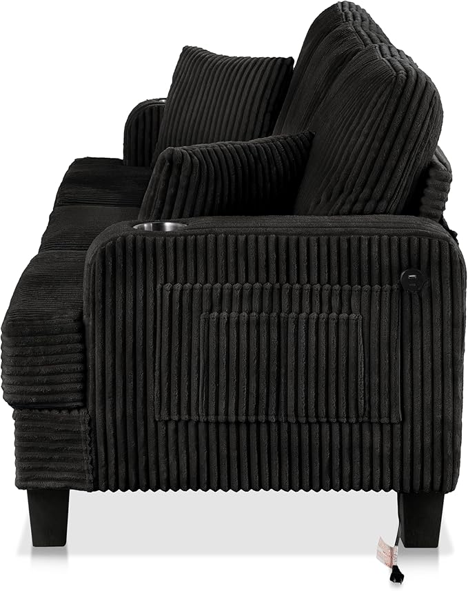 Homes: Inside + Out Reese Modern Plush Chenille Couch with Side Pockets Cup Holders and USB Ports Wooden Comfortable Sofa for Living Room Bedroom and Office Black
