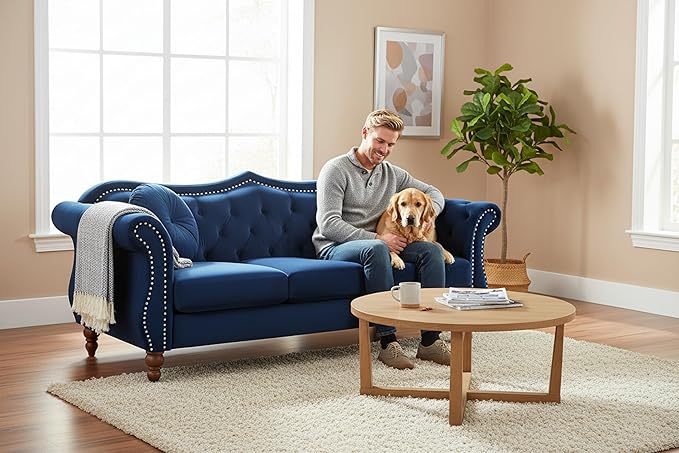 Anna1 Chesterfield Velvet Couches for Living Room Button Tufted Luxury Upholstery with Rolled Arms High-Density Foam Durable Wood Frame 65.5 Loveseat Blue Mist