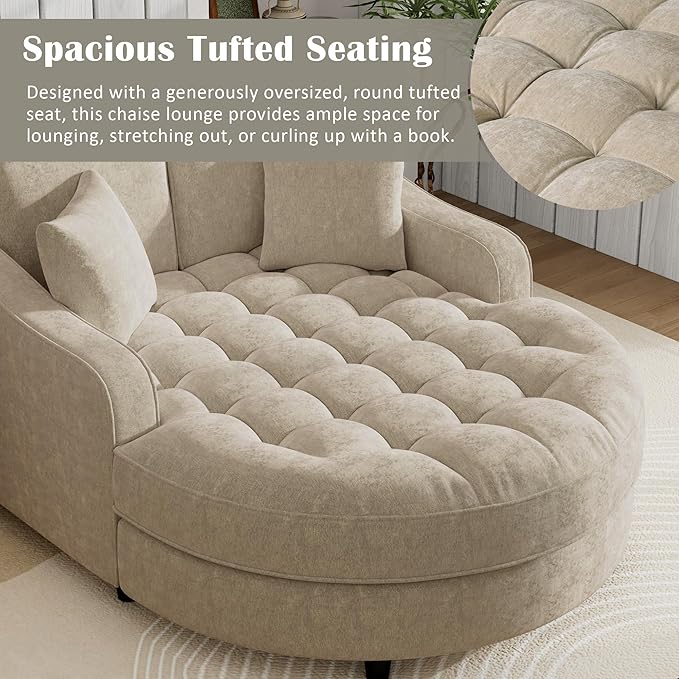 55 Oversized Chaise Lounge Chair Comfy Chenille Chaise Sofa Recliner Bed Upholstered Sleeper Couch Bed with Armrests and Detachable Pillows for Living Room Movie Room Bedroom (Champagne)