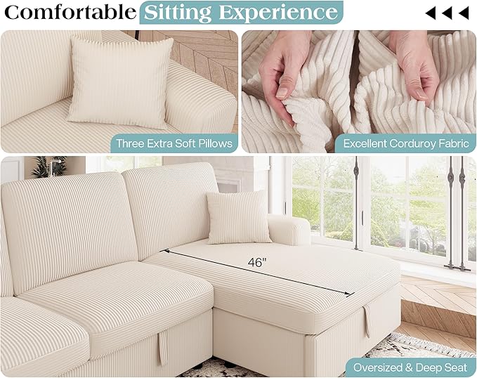 VanAcc 130 Sofa Bed Sectional Sleeper Sofa with Pull Out Bed Sleeper Couch with Storage 6 Seater Couch for Living Room Corduroy Off-White