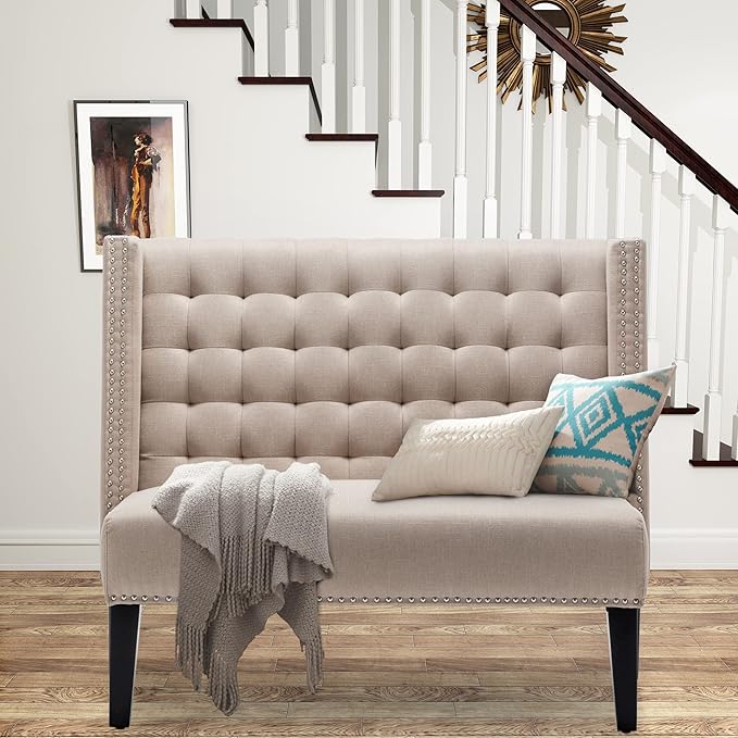 Tongli 46 Small Modern Loveseat Settee Sofa 2-Seat Sofa Couch Tufted Love Seat Dining Bench with Nail Head Trim Back Banquette Sofas for Living Room Small Space Entryway Hallway Khaki