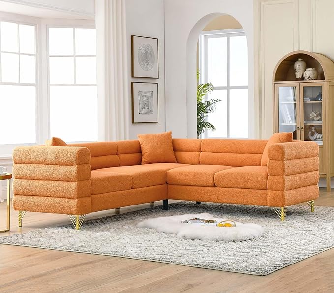 Antetek L-Shaped Sectional Couches Modern Teddy Fabric Upholstered Chaise Lounge Sofa Couch with Square Arm and 4 Golden Metal Legs for Living Room Office Orange