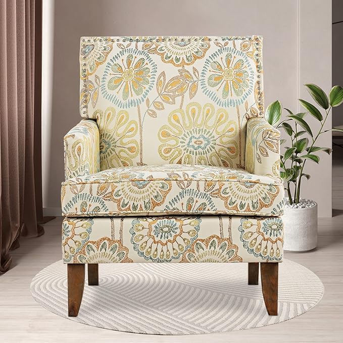Floral Accent Sofa Chair Wingback Sofa Chair Comfy Club Chair Pattern Single Chair Upholstered Reading Arm Chairs for Living Room Bedroom (Beige Yellow)