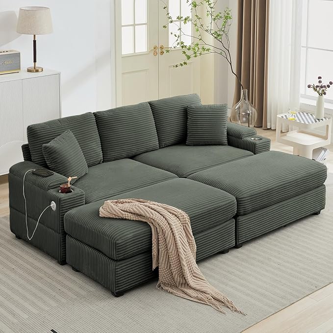 86.6 Sectional Sofa Couch with 2 Ottomans Comfy Corduroy Upholstered Cloud Modular Convertible Couch with Cup Holders and USB Armrest Storage Deep Seat Oversized Loveseat for Living Room Green