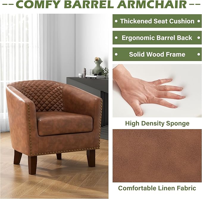UIXE Faux Leather Barrel Accent Chairs Set of 4 Modern Club Upholstered Arm Chair Comfy Armchair Nailed Trim Living Room Single Sofa Reading Seat Bedroom Side Sitting for Office Brown
