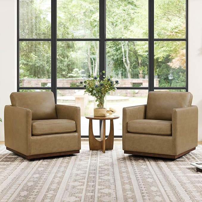 CHITA Genuine Leather Swivel Accent Chair FSC Certified Mid Century Modern Arm Chair for Living Room and Bedroom Fully Assembled Mocha