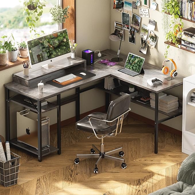 Unikito Reversible L Shaped Desk with Power Outlets and RGB LED Light Sturdy Computer Desk with Ergonomic Monitor Stand and Storage Shelves Corner Desk for Home Office Easy Assembly Black Oak