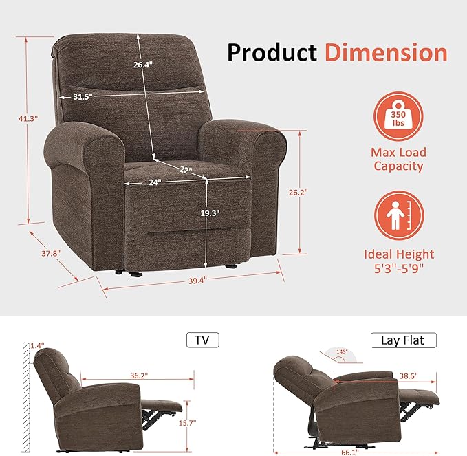 MCombo Power Wall Hugger Recliner Chair for Small Space RV Living Room USB &amp USB-C Charging Ports Modern Rolled Arm Recliner PR630 (Dark Brown Medium)