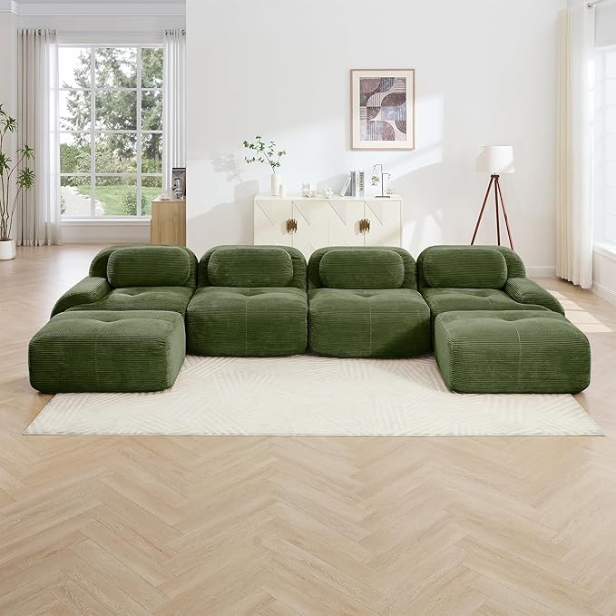 152.7 Inch U-Shaped Modular Sectional Sofa 4-Seater Cloud Couch with Deep Seat Boneless Couch with Pillows for Living Room Apartment Green