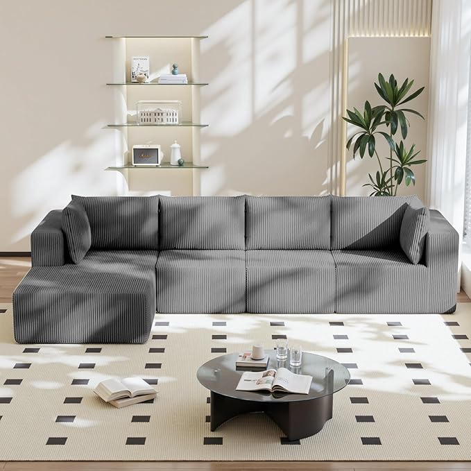 138 Boneless Couches for Living Room Modular Cloud Couch Sofa - 4 Pieces L Shap Corduroy Sectional Sofa Fluffy Memory Foam Sleeper Sofa Furniture No Assembly Wide Armrest Grey