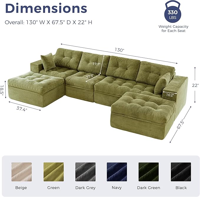 MAXYOYO 132 U Shaped Modular Sectional Sofa with 2 Ottomans Cloud Boneless Couch with Layered Cushion Flexible Module Combination Sofa for Living Room No Assembly Required Green