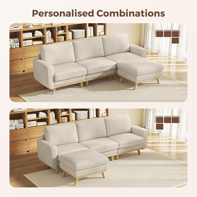 Vesgantti 97 Modular Sectional Sofa Light Gray L-Shaped Couch with Movable Ottoman Comfy Corduroy Couch with Spring Cushion Modular Sofa with Deep Seat for Living Room Bedroom and Apartment